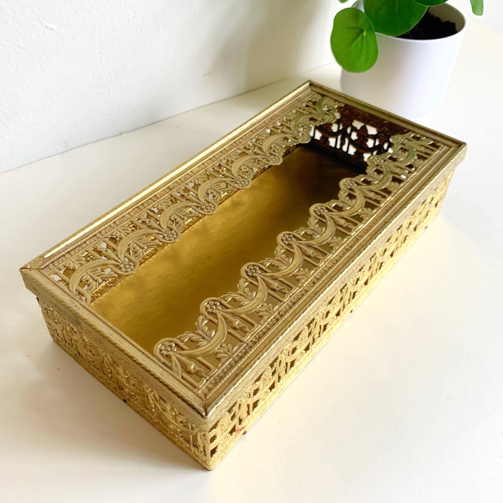 Vintage Tissue Box Vanity Old Hollywood Decor Filigree 1960s Ornate Trinket Tray